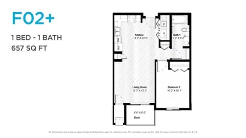 Floor plan for 1 bed, 1 bath, 651 sqft